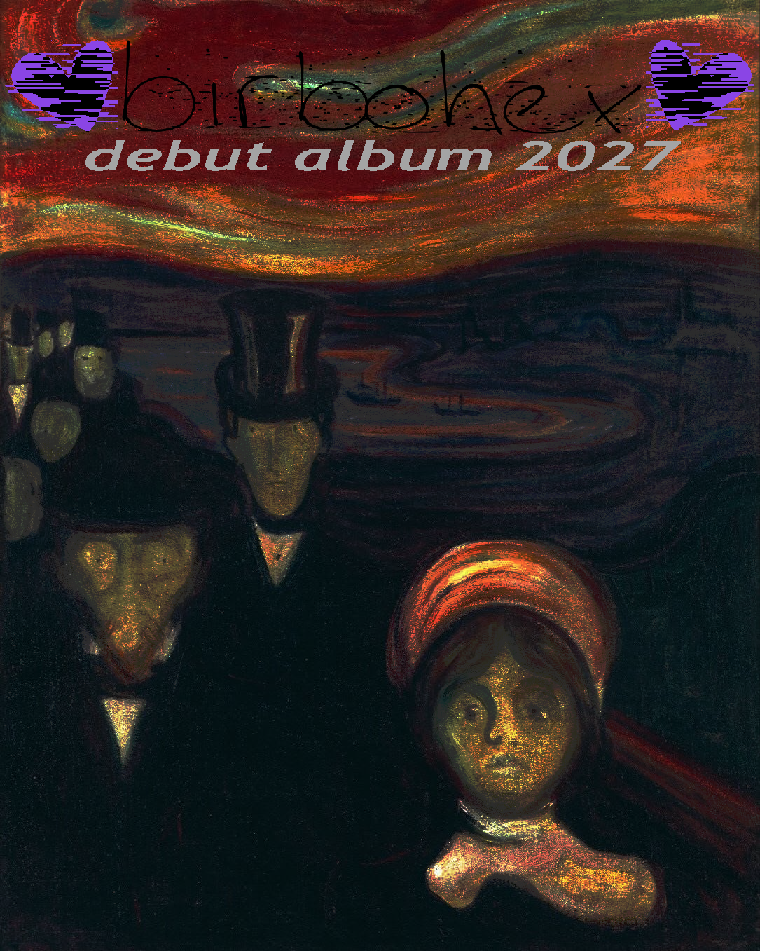 an edited version of edvard munch's art piece titled anxiety, a painting showing a warped landscape and skyline with low detail humanoids looking at the viewer, their faces hard to make out or distorted. text reads on page; birbohex, debut lp 2027
