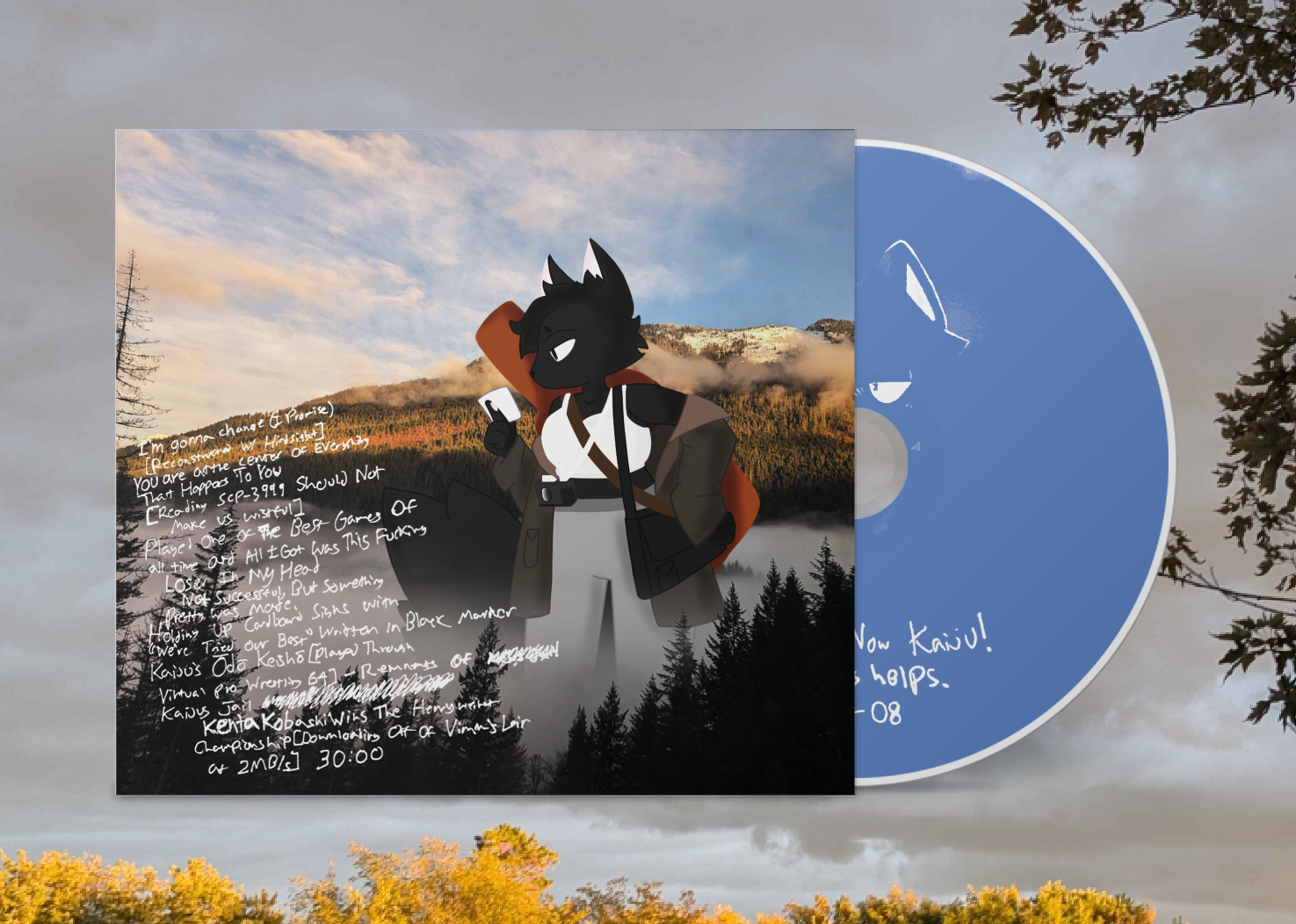 a mockup of a CD placed in front of a cloudy skyline.