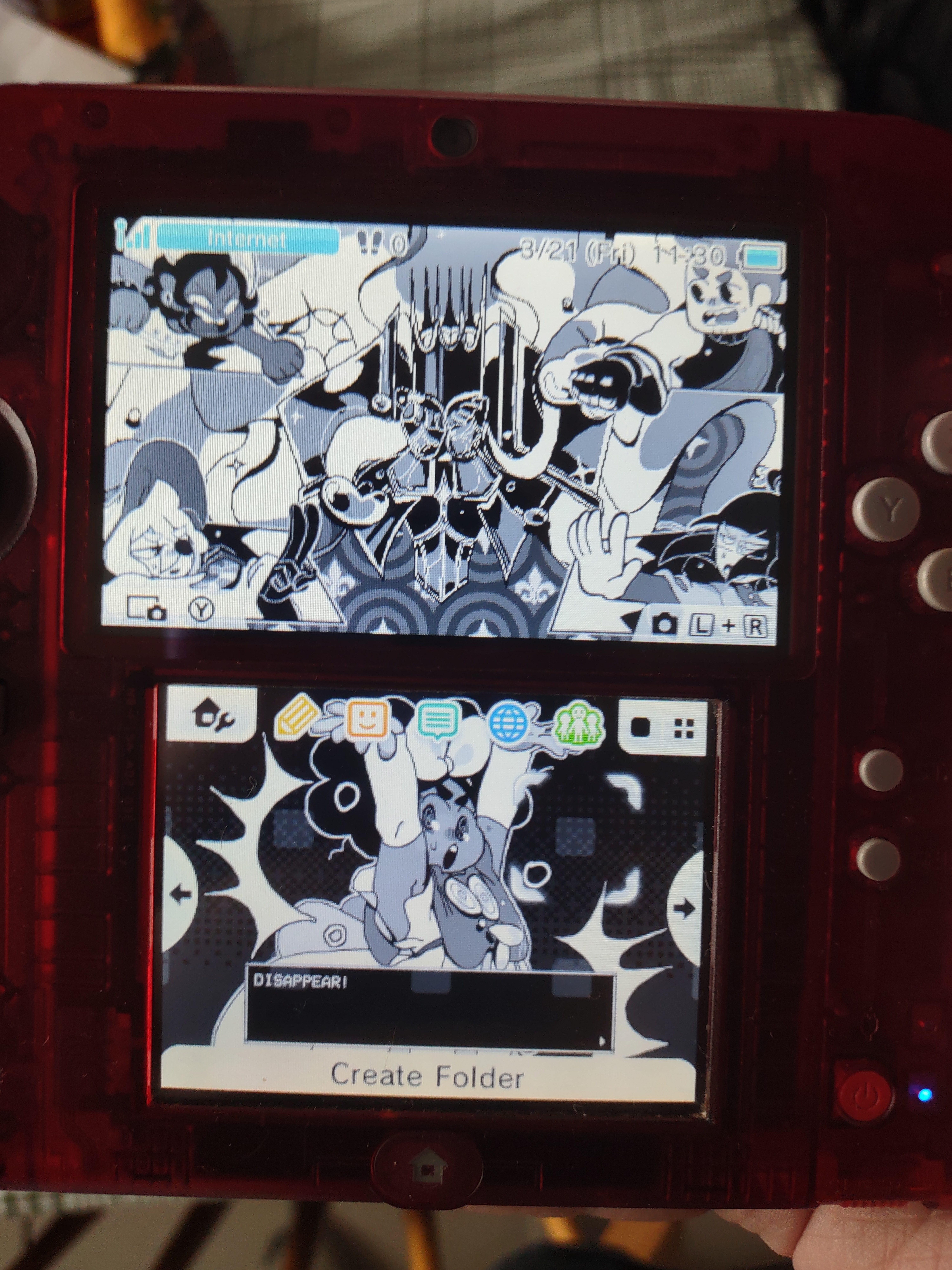 A photo taken of a first generation red shell Nindendo 2DS. The background is modded, displaying a screen from the game In Stars And Time.