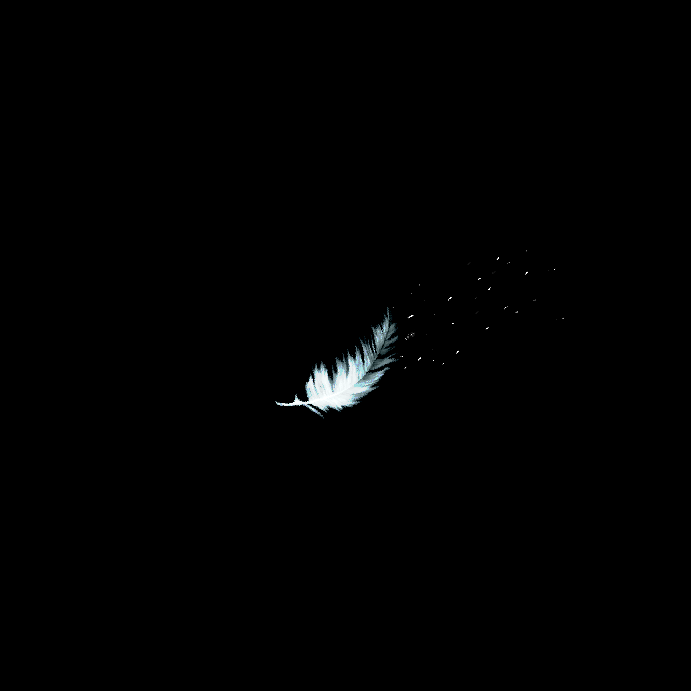a floating feather in a black background. white particals blow alongside it.
