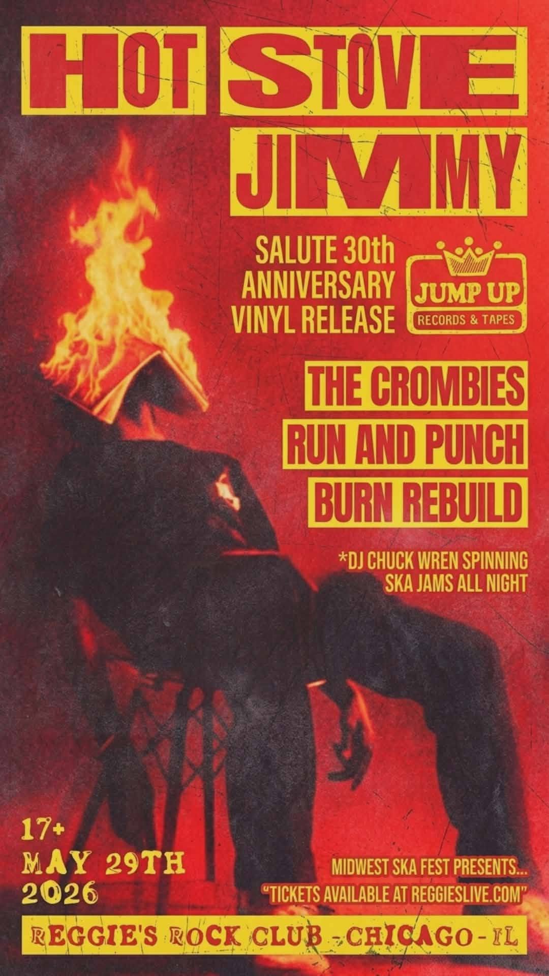 a live show poster of a man sitting on a chair, head pointed up with a burning book resting on his face. text reads midwest ska fest presents hot stove jimmy salute 30th anniversary vinyl release on jump up records and tapes. featuring the crombies, run and punch, and burn rebuild, with dj chuck wren spinning ska jams all night