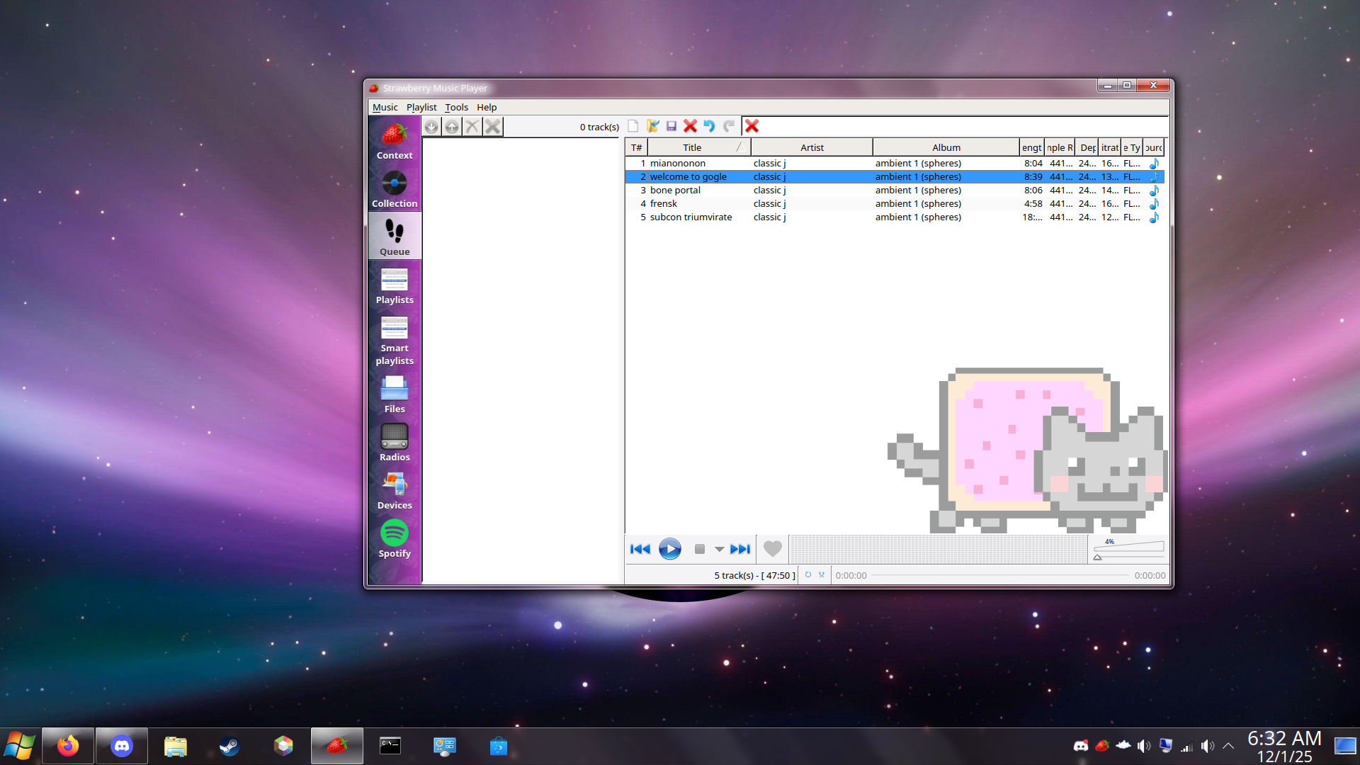 a window of the music playing app strawberry. the music loaded is the album ambient 1 spheres by classic j, and the background of it is edited to have nyan cat.