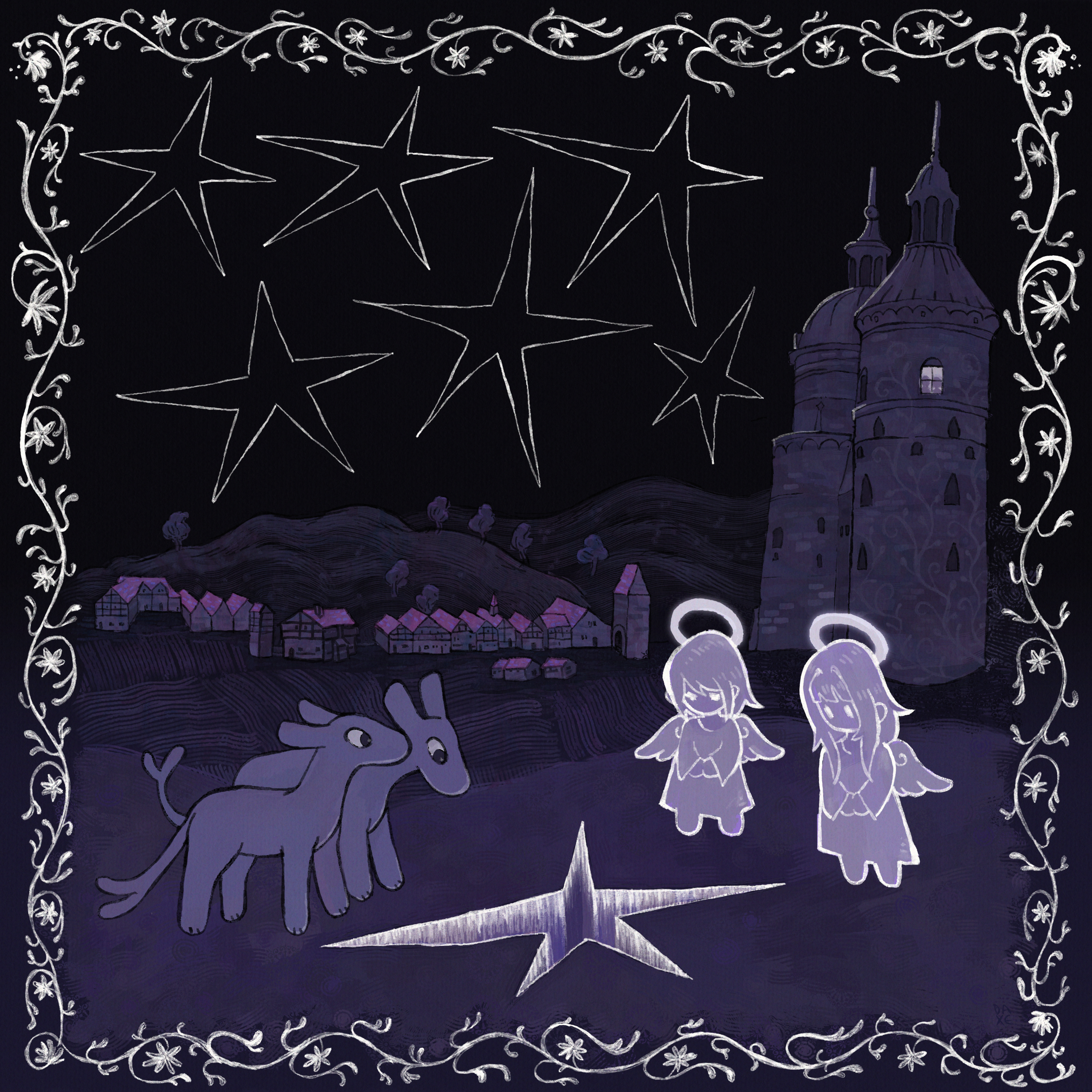 the cover art to the indie album its fine to dream by you are an angel. it depicts a pair of strange animals and two angels looking at a star shaped carving in the ground, similar shaped stars in the sky.